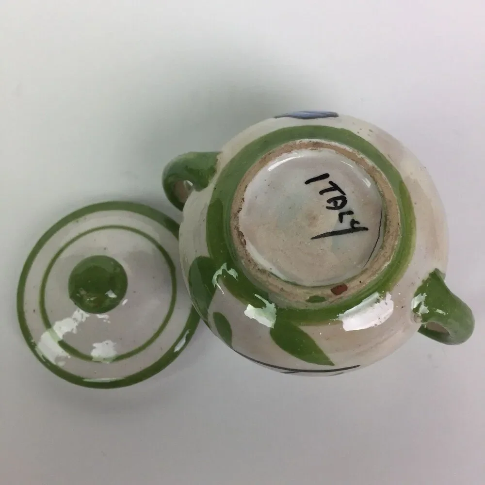Vtg Italy Handpainted Blue Tulip Flower Stoneware Creamer Sugar Bowl Tray Set